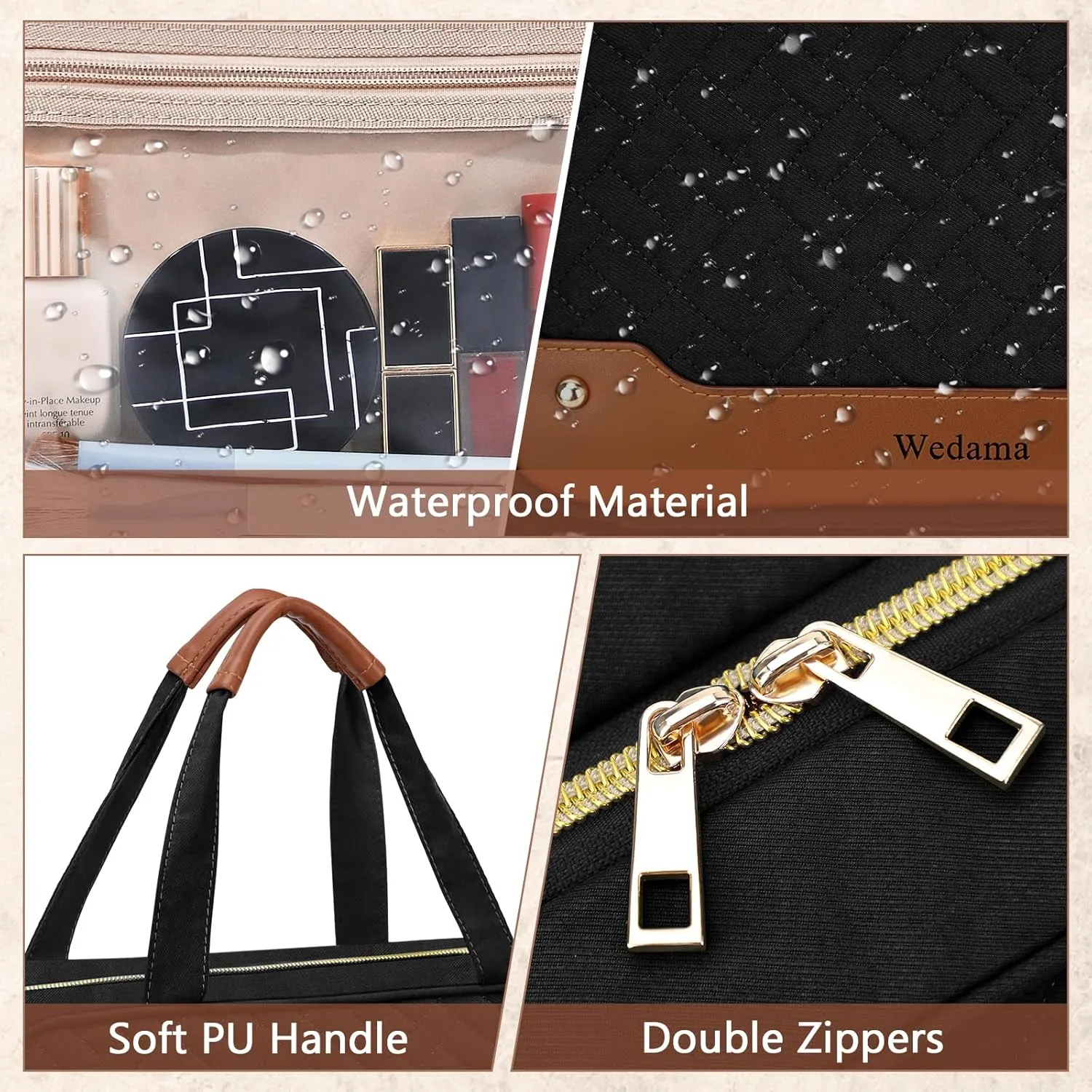 Wedama Toiletry Bag for Women, Hanging Travel Toiletry Bag with Jewelry Organizer Compartment Medium Makeup Bag, PVC Waterproof Cosmetic Travel Bag Trips Camping Bathroom, Black Brown