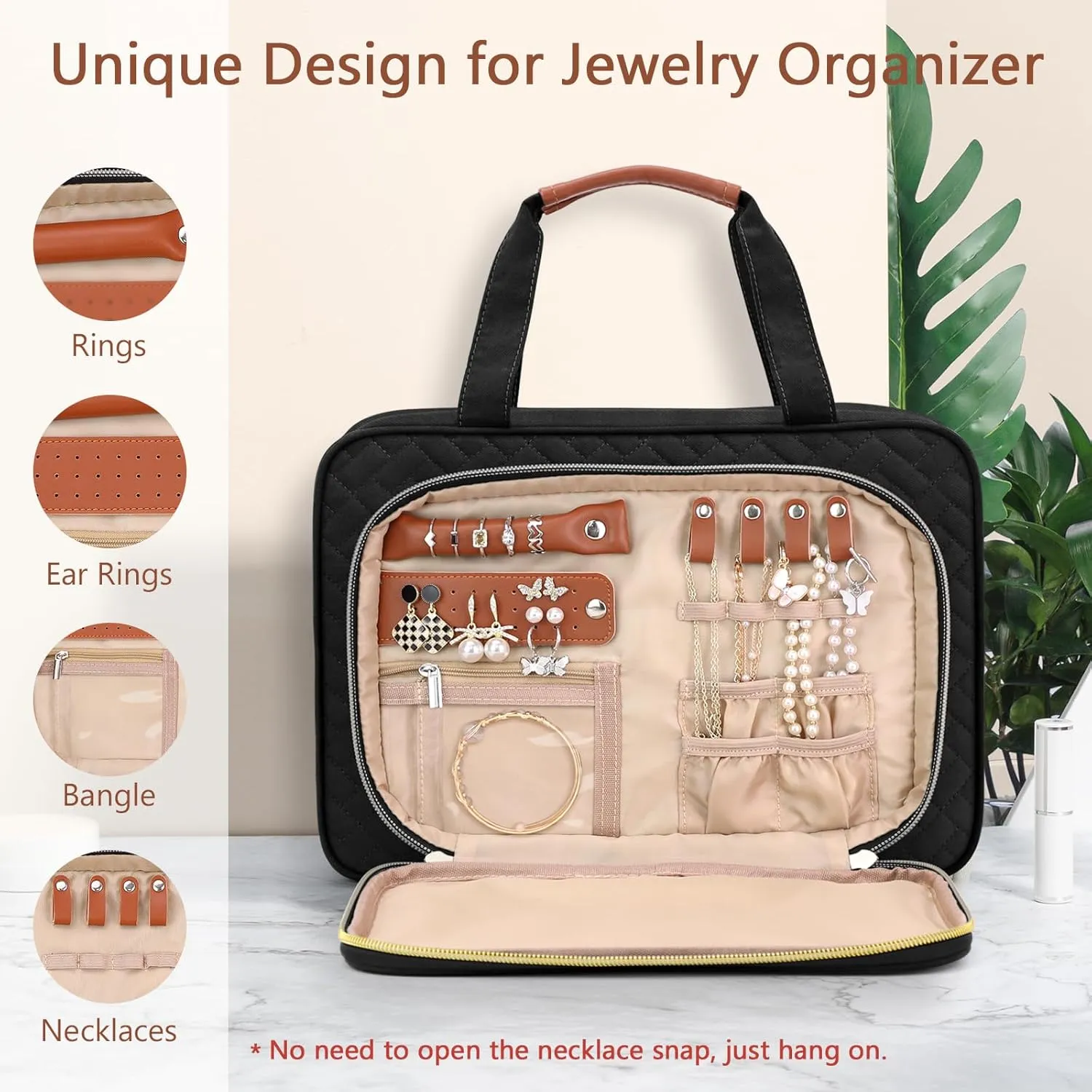 Wedama Toiletry Bag for Women, Hanging Travel Toiletry Bag with Jewelry Organizer Compartment Medium Makeup Bag, PVC Waterproof Cosmetic Travel Bag Trips Camping Bathroom, Black Brown