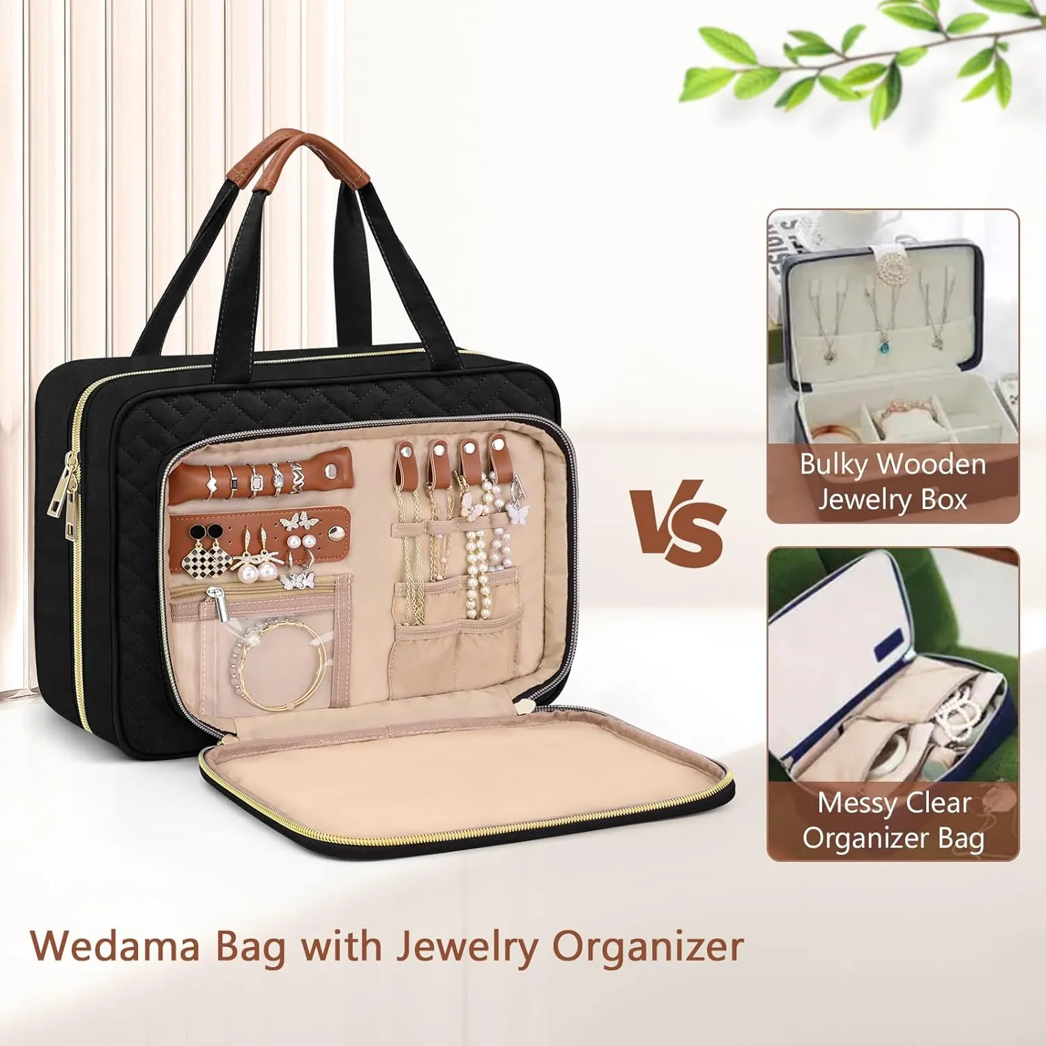 Wedama Toiletry Bag for Women, Hanging Travel Toiletry Bag with Jewelry Organizer Compartment Medium Makeup Bag, PVC Waterproof Cosmetic Travel Bag Trips Camping Bathroom, Black Brown