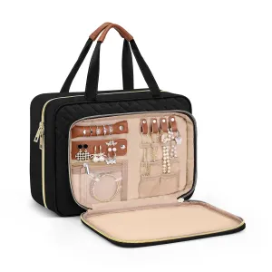 Wedama Toiletry Bag for Women, Hanging Travel Toiletry Bag with Jewelry Organizer Compartment Medium Makeup Bag, PVC Waterproof Cosmetic Travel Bag Trips Camping Bathroom, Black Brown