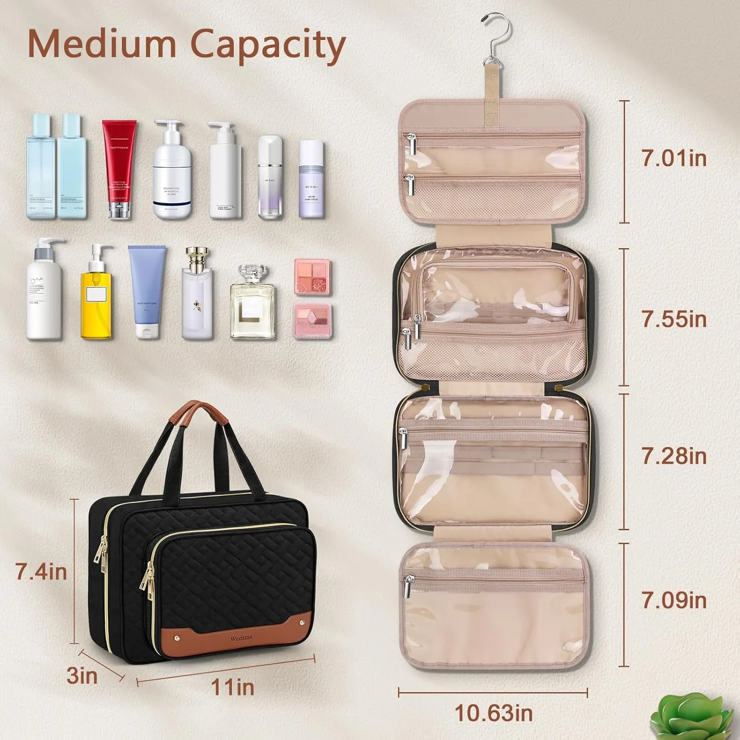 Wedama Toiletry Bag for Women, Hanging Travel Toiletry Bag with Jewelry Organizer Compartment Medium Makeup Bag, PVC Waterproof Cosmetic Travel Bag Trips Camping Bathroom, Black Brown