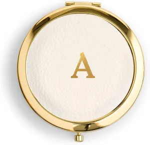 WEDDINGSTAR Custom Engraved Faux Leather Personalized Compact Mirror, Gold - Initial Monogram