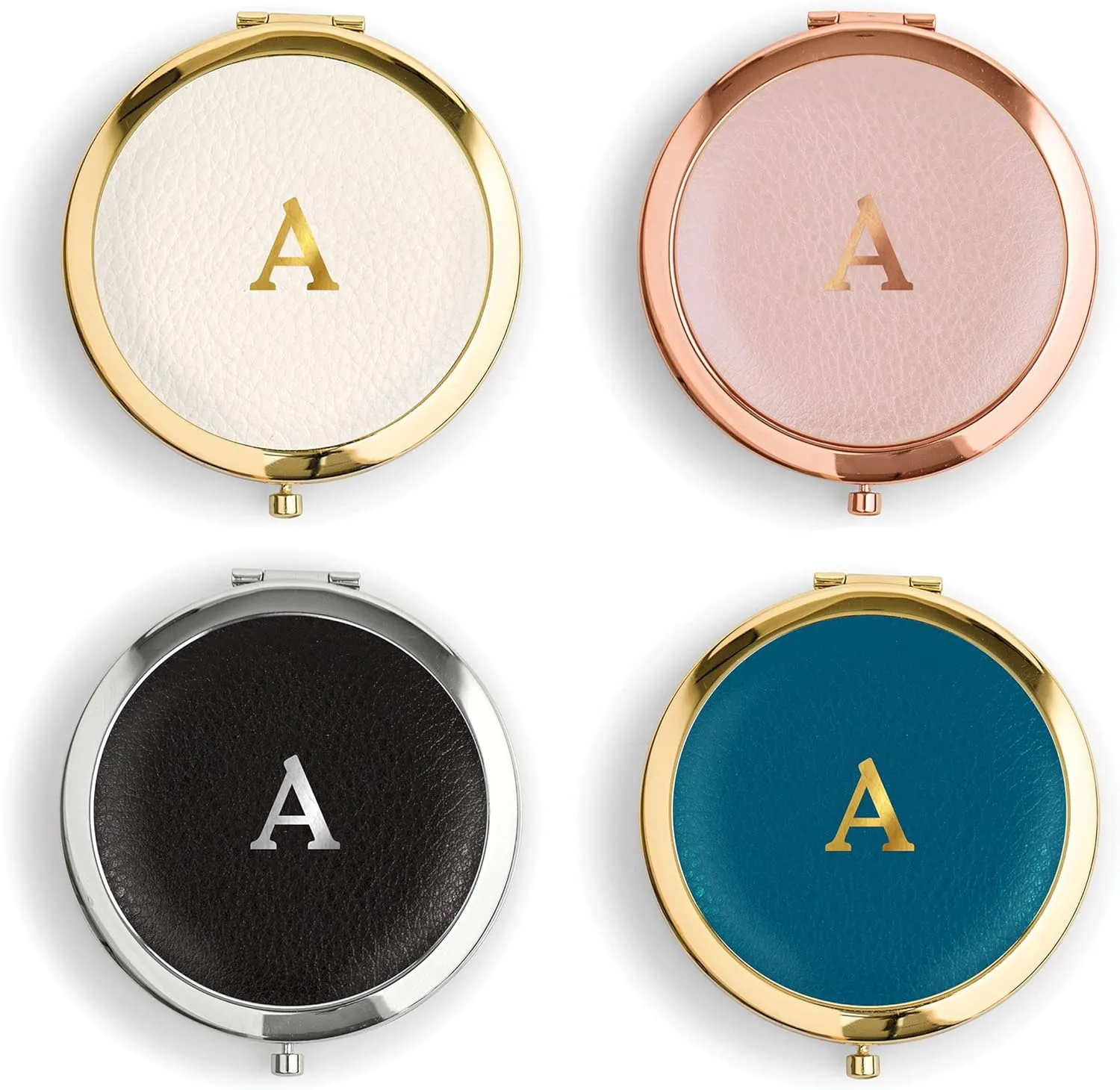 WEDDINGSTAR Custom Engraved Faux Leather Personalized Compact Mirror, Gold - Initial Monogram