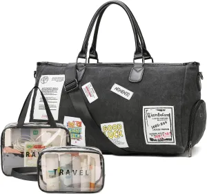 Weekender Bags for Men Women Tote Gym Yoga Travel Duffle Carry On Overnight Bag with Shoes Compartment Wet Pocket and 2 Free Toiletry Bags