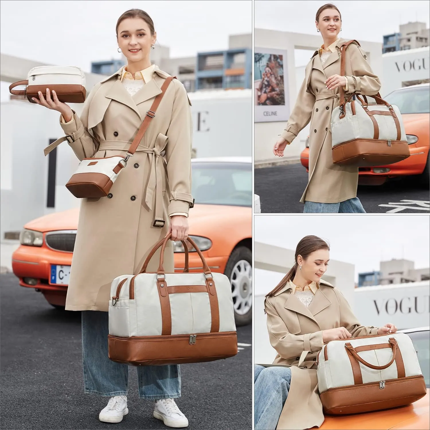 Weekender Bags for Women Overnight Bag Large Canvas Travel Duffel Bag with Shoe Compartment Carry On Tote Bag 3Pcs Set