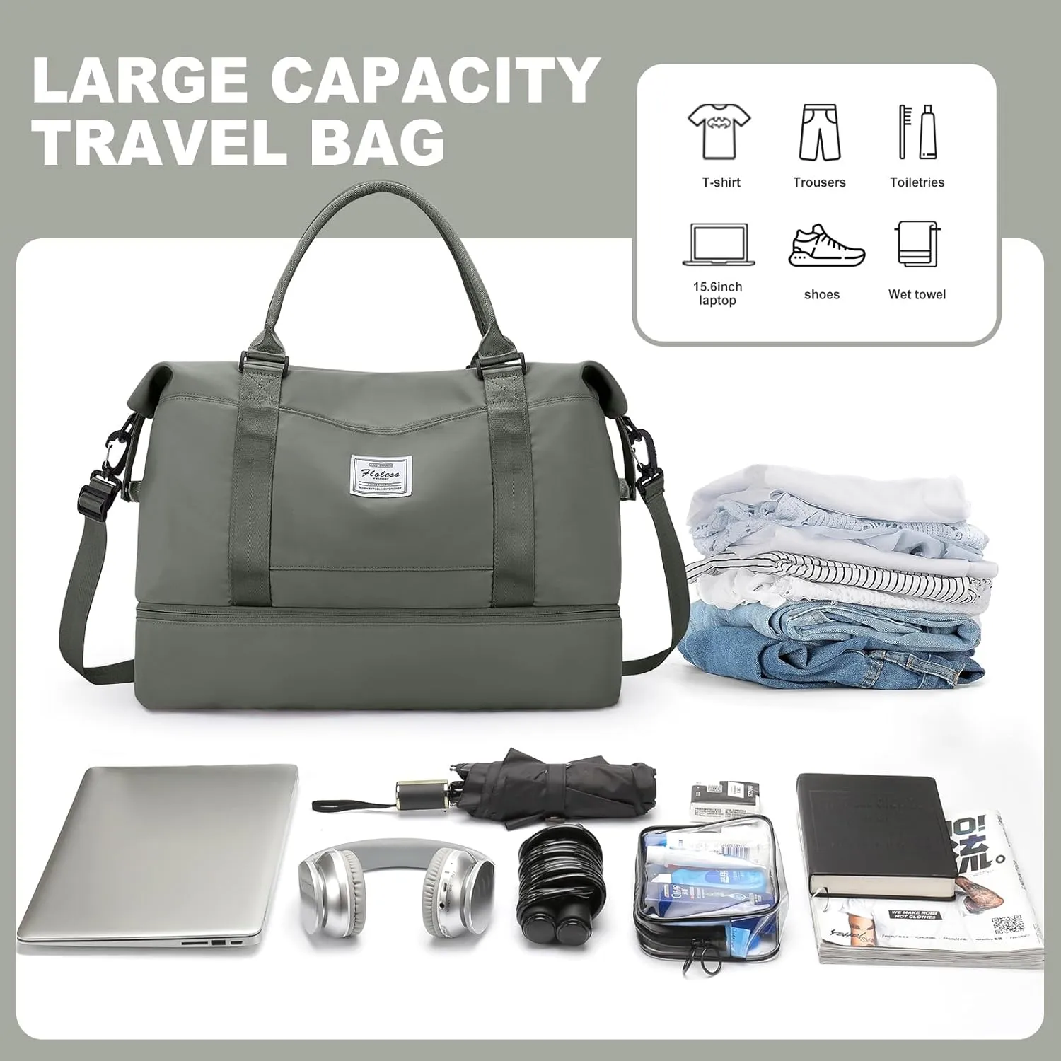 Weekender Bags for Women, Travel Duffel Bags with Shoe Compartment & Laptop Compartment,Travel Bag for Airlines,Carry on Overnight Tote Bag for women with Toiletry Bag, Upgraded-Olive Green