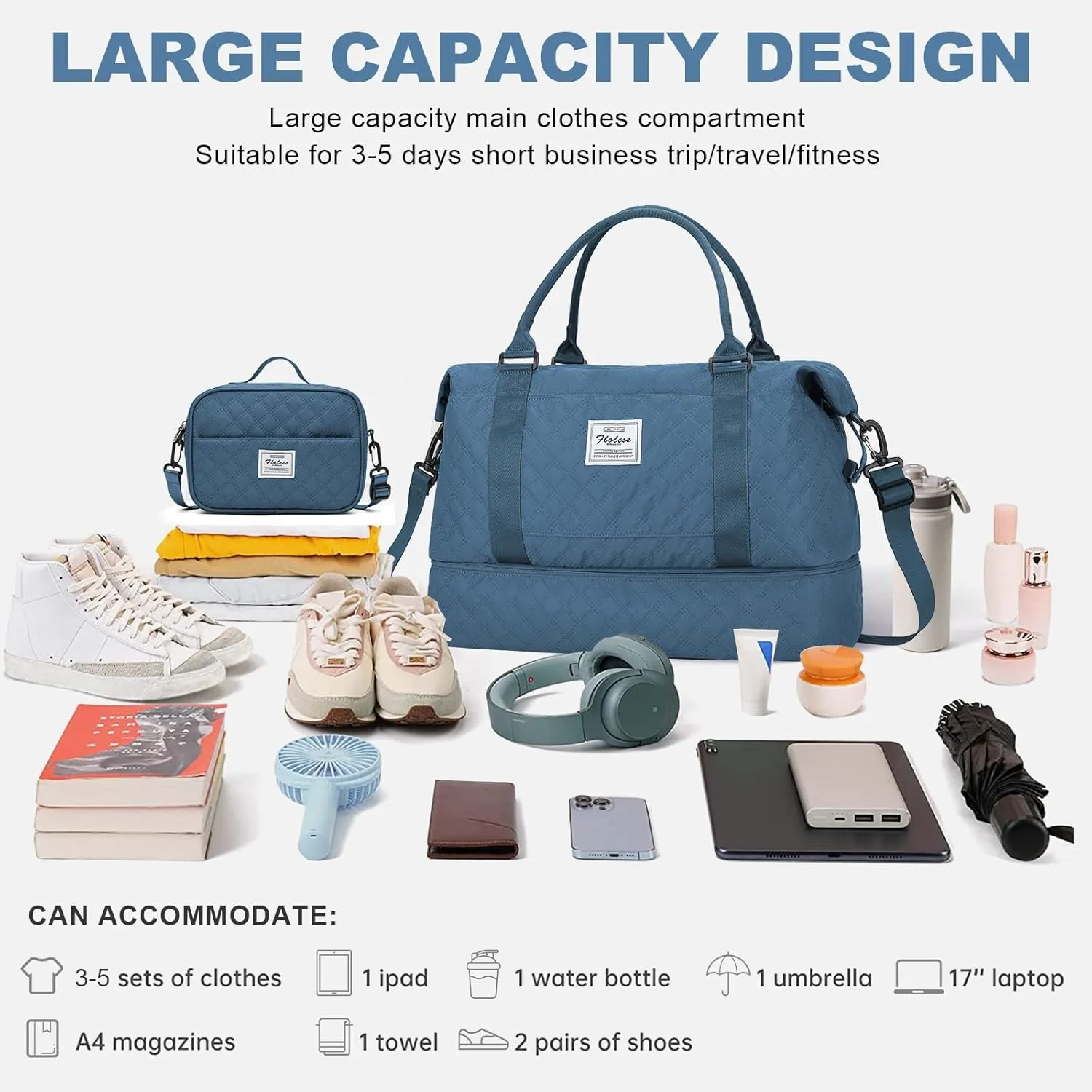 Weekender Bags for Women, Travel Duffel Bags with Shoe Compartment,Personal Item Travel Bag for Airlines, Carry on Overnight Tote Bag for Women with Toiletry Bag，Grid-Blue
