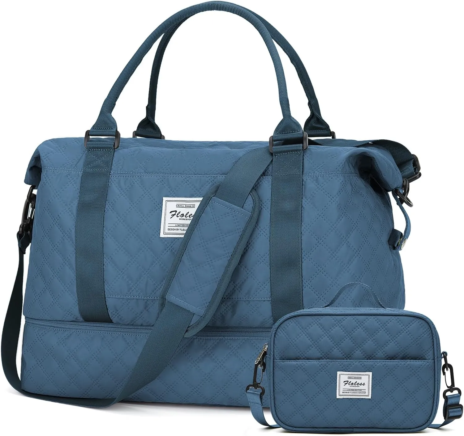 Weekender Bags for Women, Travel Duffel Bags with Shoe Compartment,Personal Item Travel Bag for Airlines, Carry on Overnight Tote Bag for Women with Toiletry Bag，Grid-Blue