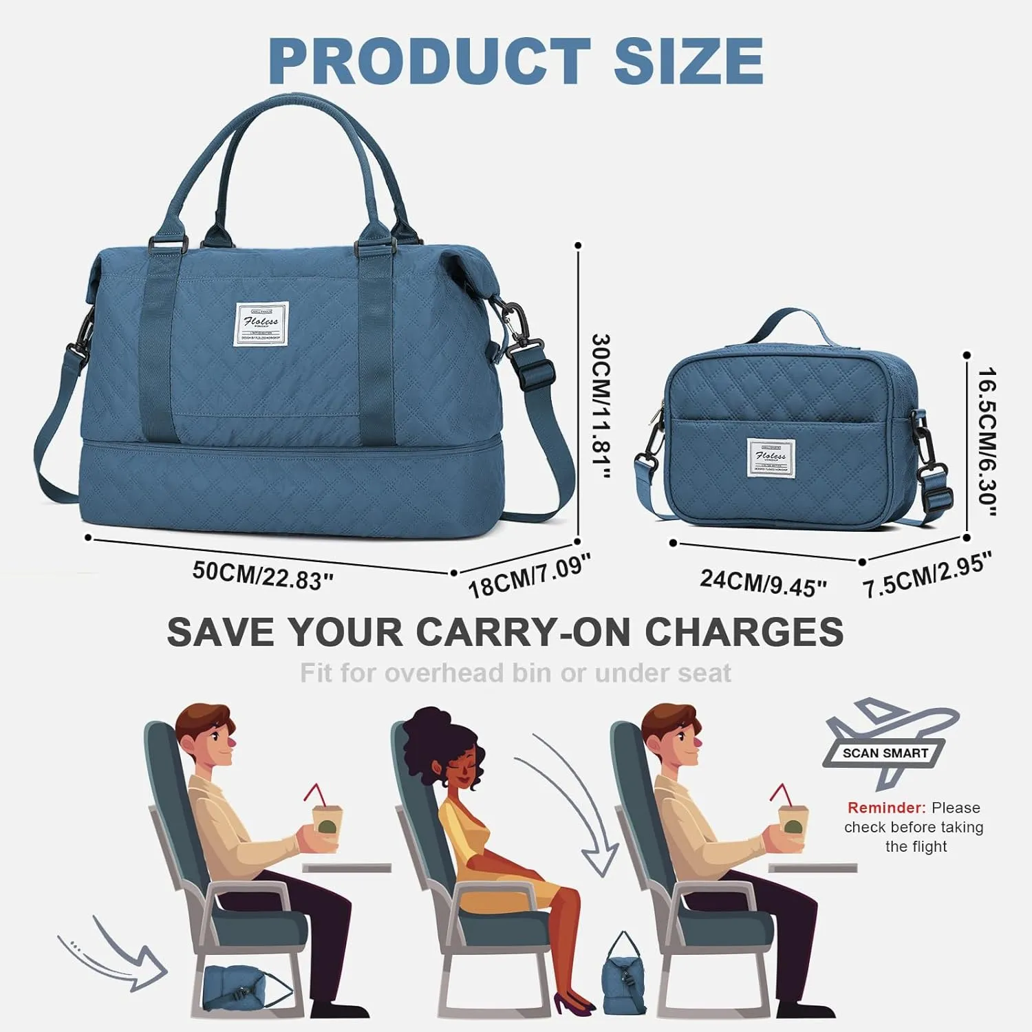 Weekender Bags for Women, Travel Duffel Bags with Shoe Compartment,Personal Item Travel Bag for Airlines, Carry on Overnight Tote Bag for Women with Toiletry Bag，Grid-Blue