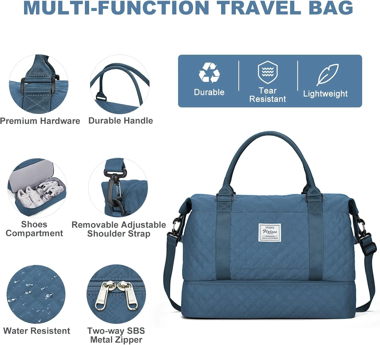 Weekender Bags for Women, Travel Duffel Bags with Shoe Compartment,Personal Item Travel Bag for Airlines, Carry on Overnight Tote Bag for Women with Toiletry Bag，Grid-Blue