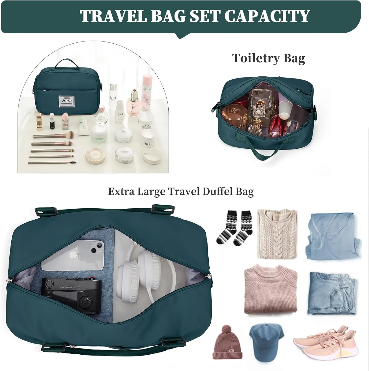Weekender Bags for Women,Overnight Travel Duffel Bag with Shoes Compartment& Toiletry Bag,Extra Large(Peacock Blue)