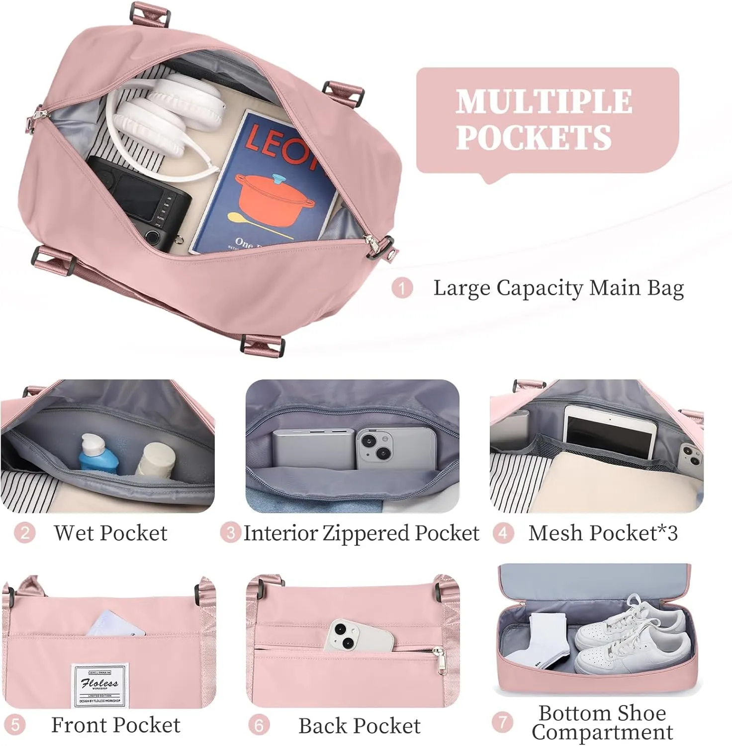 Weekender Bags for Women,Overnight Travel Duffel Bag with Shoes Compartment& Toiletry Bag,Extra Large(Pink)
