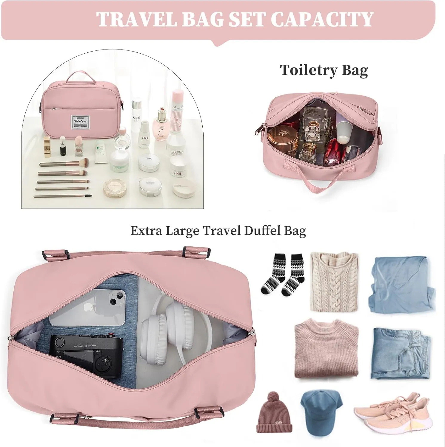 Weekender Bags for Women,Overnight Travel Duffel Bag with Shoes Compartment& Toiletry Bag,Extra Large(Pink)