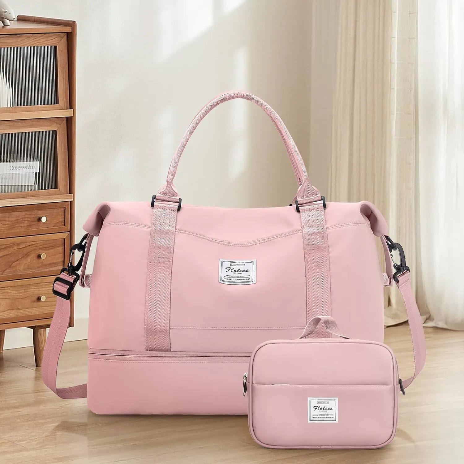 Weekender Bags for Women,Overnight Travel Duffel Bag with Shoes Compartment& Toiletry Bag,Extra Large(Pink)