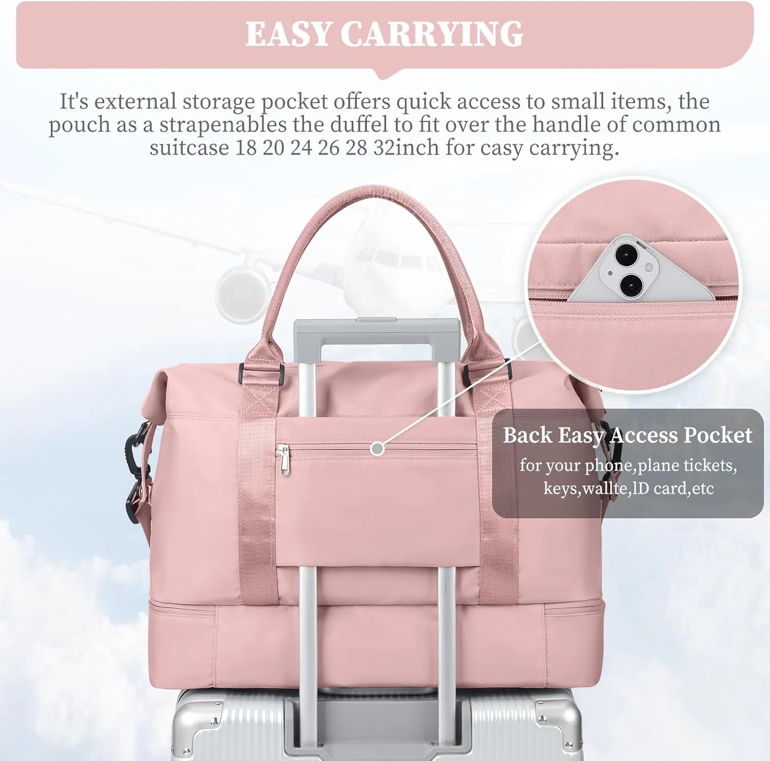 Weekender Bags for Women,Overnight Travel Duffel Bag with Shoes Compartment& Toiletry Bag,Extra Large(Pink)