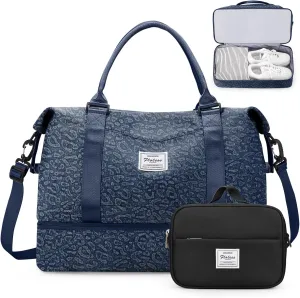 Weekender Bags for Women,Personal Item Travel Bag with Shoes Compartment,Overnight Travel Duffel Bag with Toiletry Bag,Denim Dark Blue