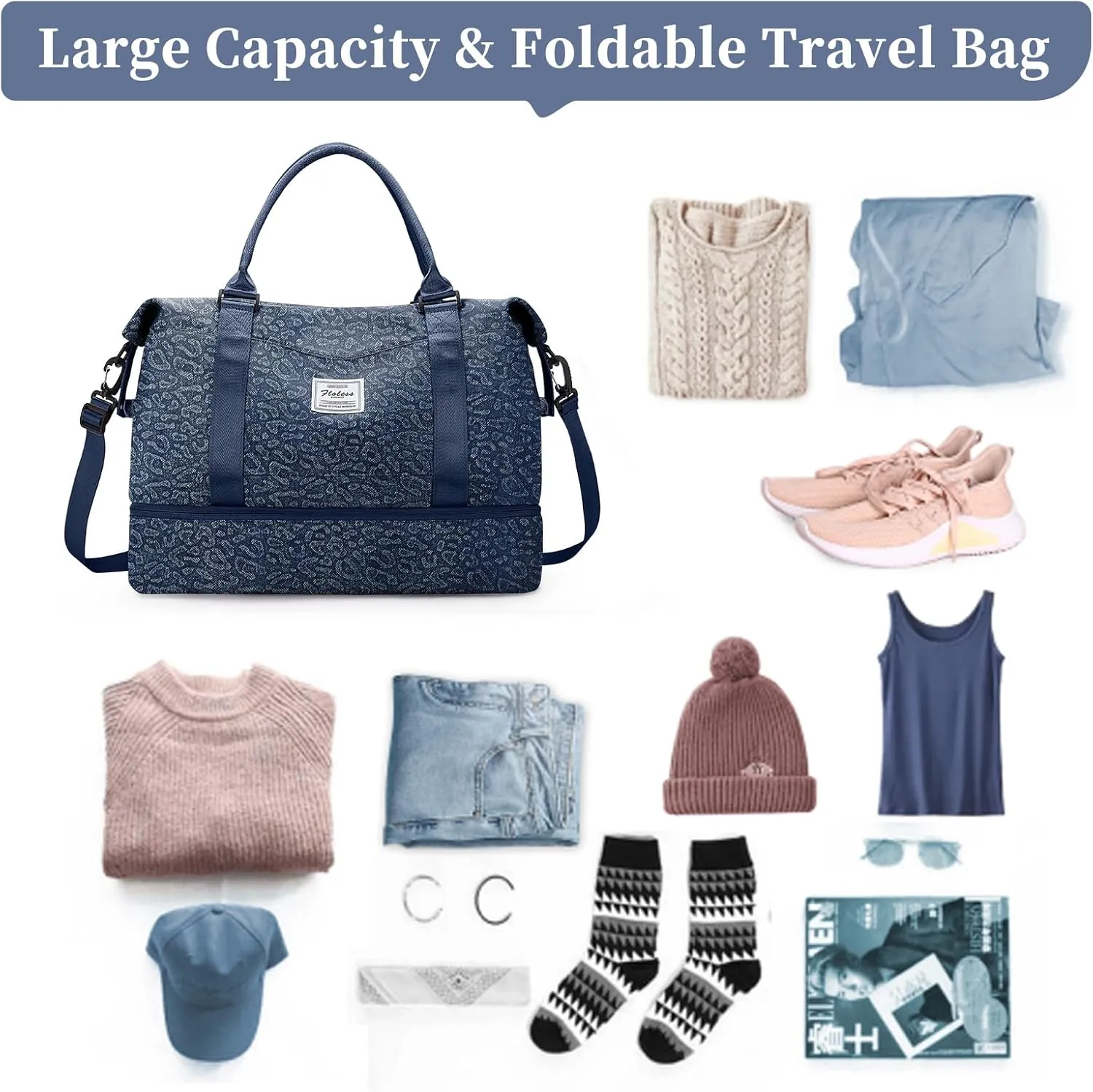 Weekender Bags for Women,Personal Item Travel Bag with Shoes Compartment,Overnight Travel Duffel Bag with Toiletry Bag,Denim Dark Blue