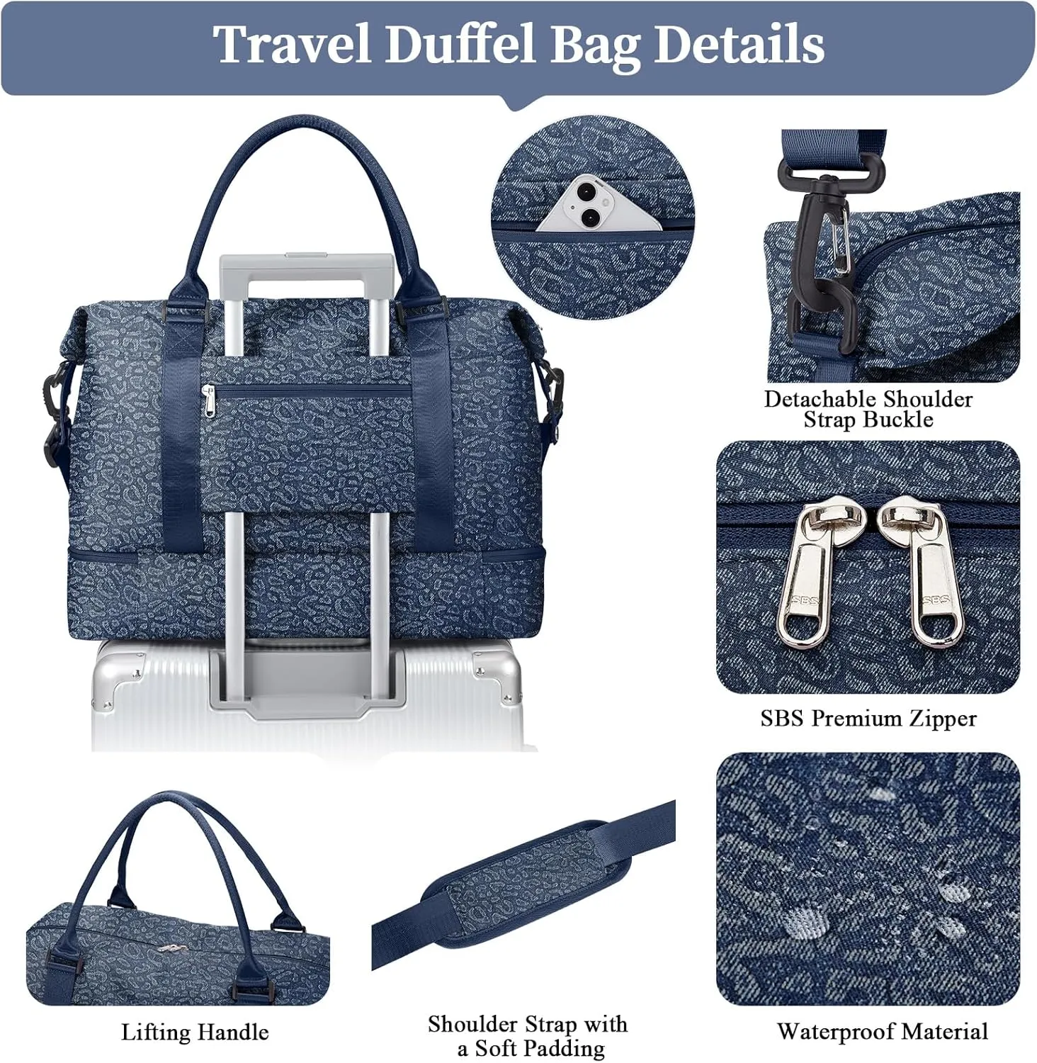 Weekender Bags for Women,Personal Item Travel Bag with Shoes Compartment,Overnight Travel Duffel Bag with Toiletry Bag,Denim Dark Blue