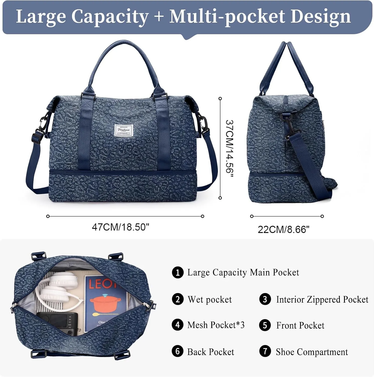 Weekender Bags for Women,Personal Item Travel Bag with Shoes Compartment,Overnight Travel Duffel Bag with Toiletry Bag,Denim Dark Blue