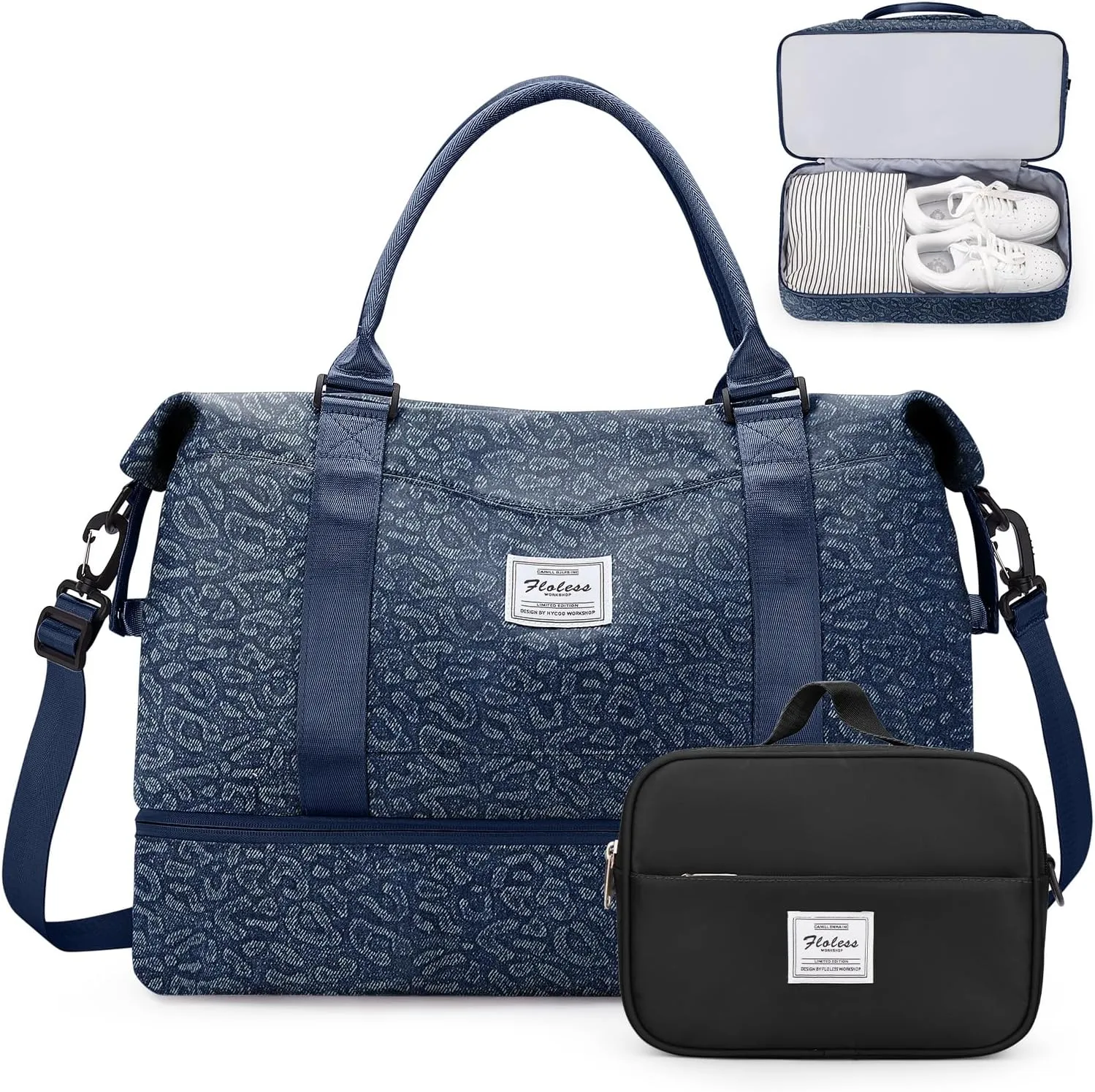 Weekender Bags for Women,Personal Item Travel Bag with Shoes Compartment,Overnight Travel Duffel Bag with Toiletry Bag,Denim Dark Blue