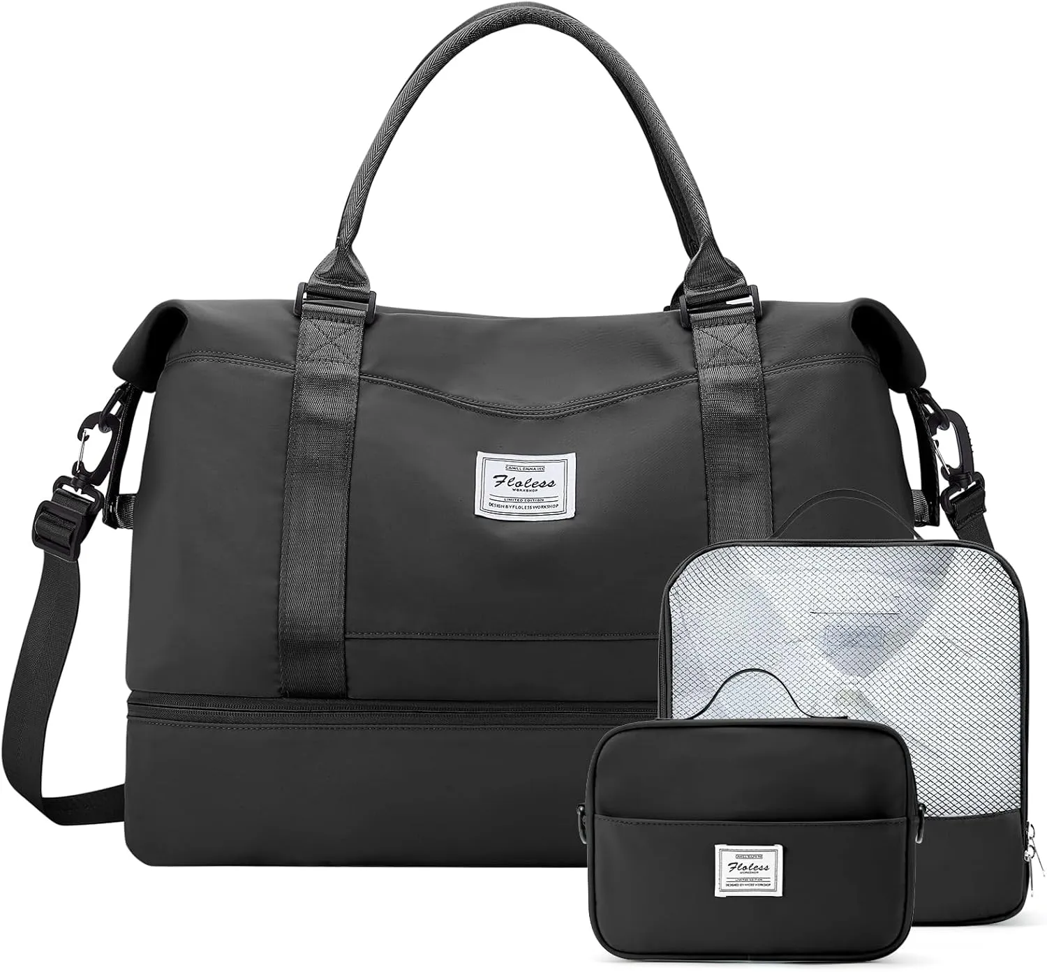 Weekender Bags for Women,Travel Duffle Overnight Bag with Shoe Compartment,Personal Item Carry On Bag,Black,Extra Large,3 Pcs Set