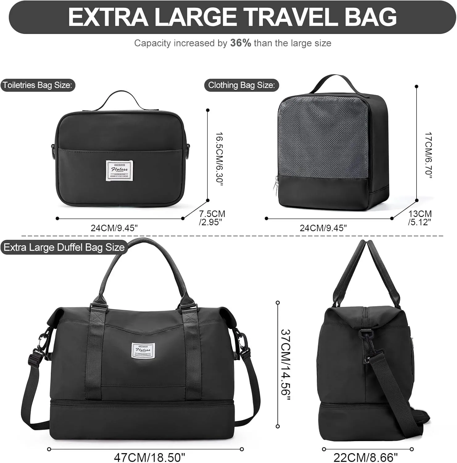 Weekender Bags for Women,Travel Duffle Overnight Bag with Shoe Compartment,Personal Item Carry On Bag,Black,Extra Large,3 Pcs Set