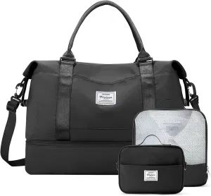 Weekender Bags for Women,Travel Duffle Overnight Bag with Shoe Compartment,Personal Item Carry On Bag,Black,Extra Large,3 Pcs Set