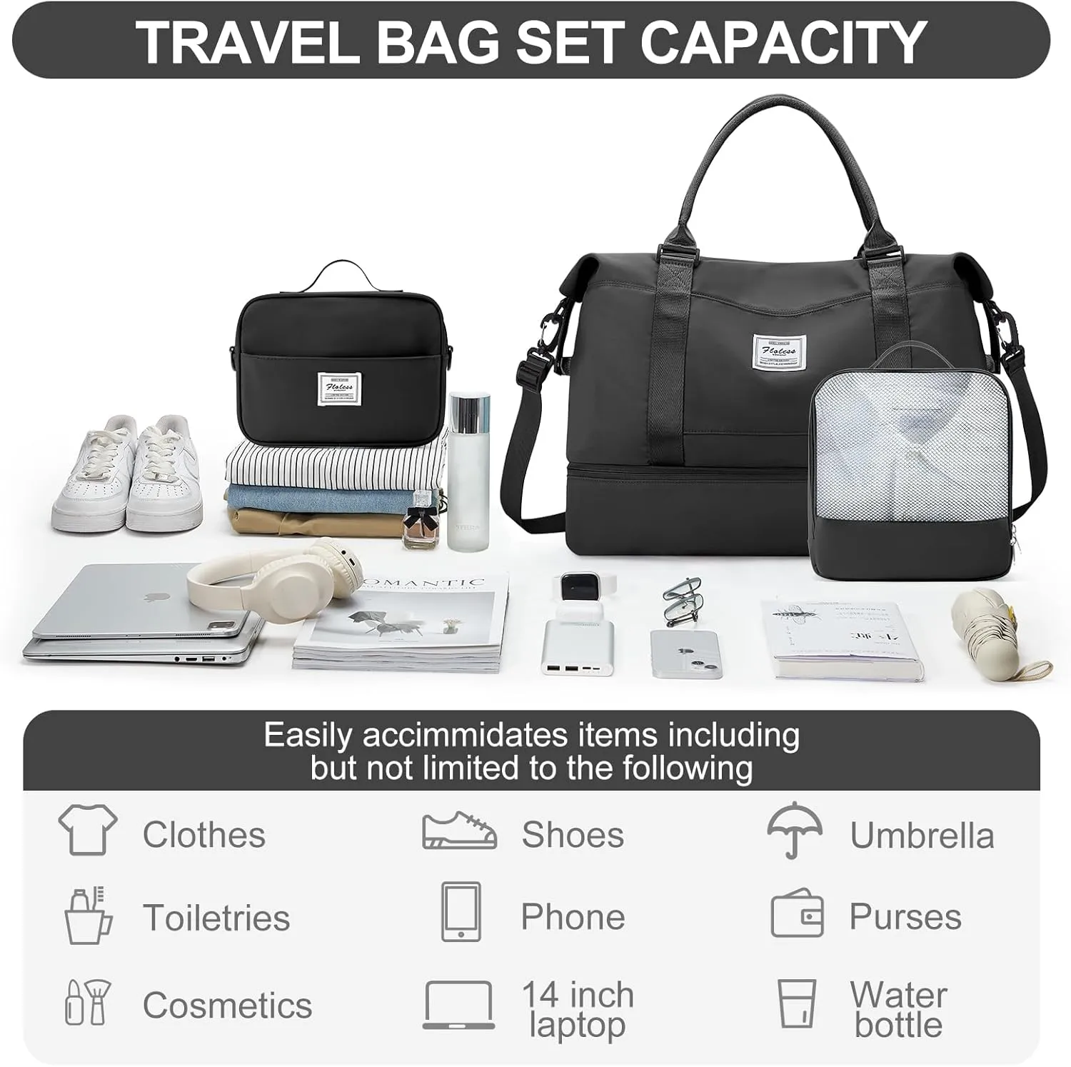 Weekender Bags for Women,Travel Duffle Overnight Bag with Shoe Compartment,Personal Item Carry On Bag,Gym Bag,3 Pcs Set