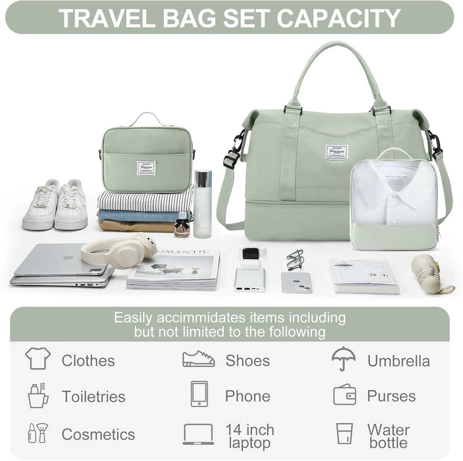 Weekender Bags for Women,Travel Duffle Overnight Bag with Shoe Compartment,Personal Item Carry On Bag,Gym Bag,3 Pcs Set