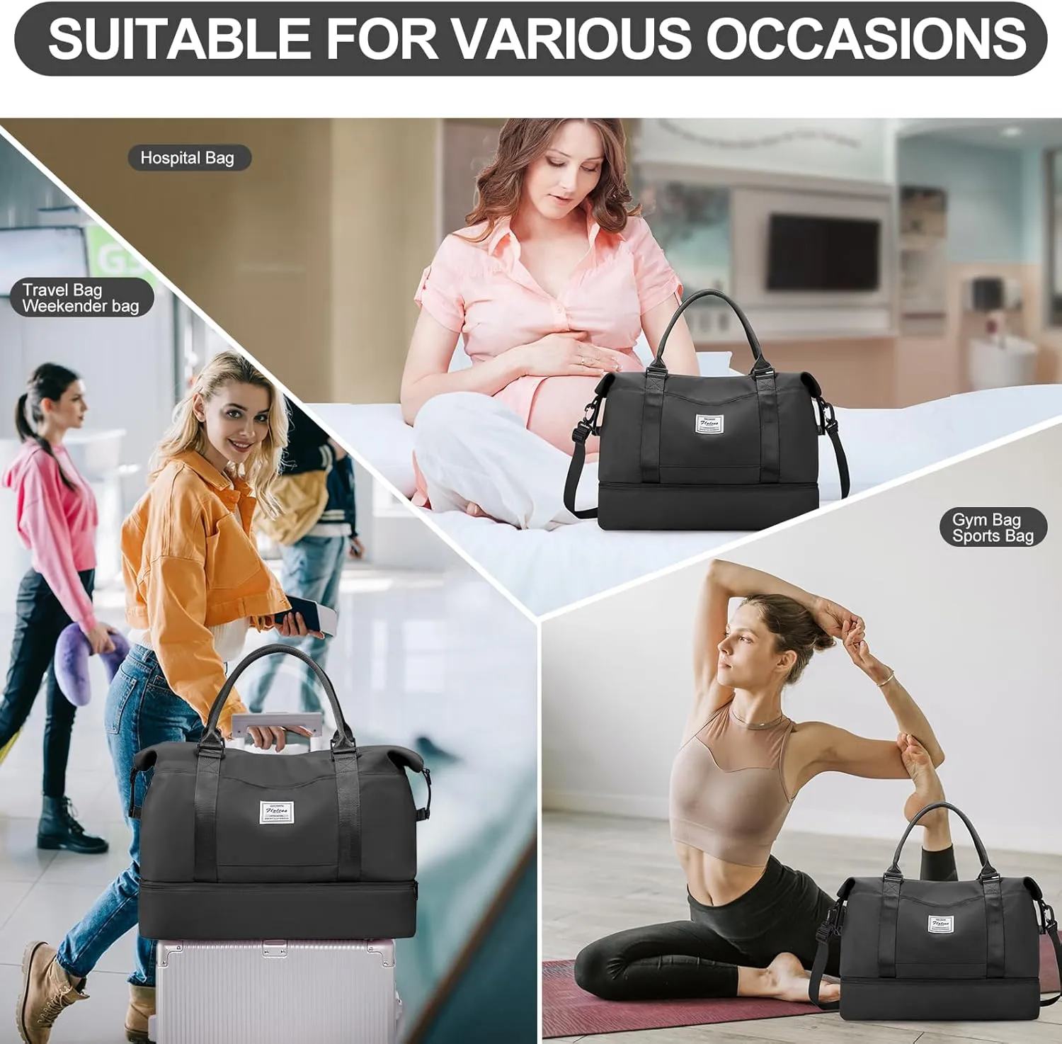 Weekender Bags for Women,Travel Duffle Overnight Bag with Shoe Compartment,Personal Item Carry On Bag,Gym Bag,3 Pcs Set