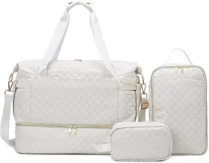 Weekender Overnight Bag, Large Travel Duffle Bags with Shoe Compartment & Wet Pocket & Insulated Cooler Pocket, Carry On Tote Bag Gym Duffel Bag with Toiletry Bags for Hospital 3 Pcs Set (Beige)