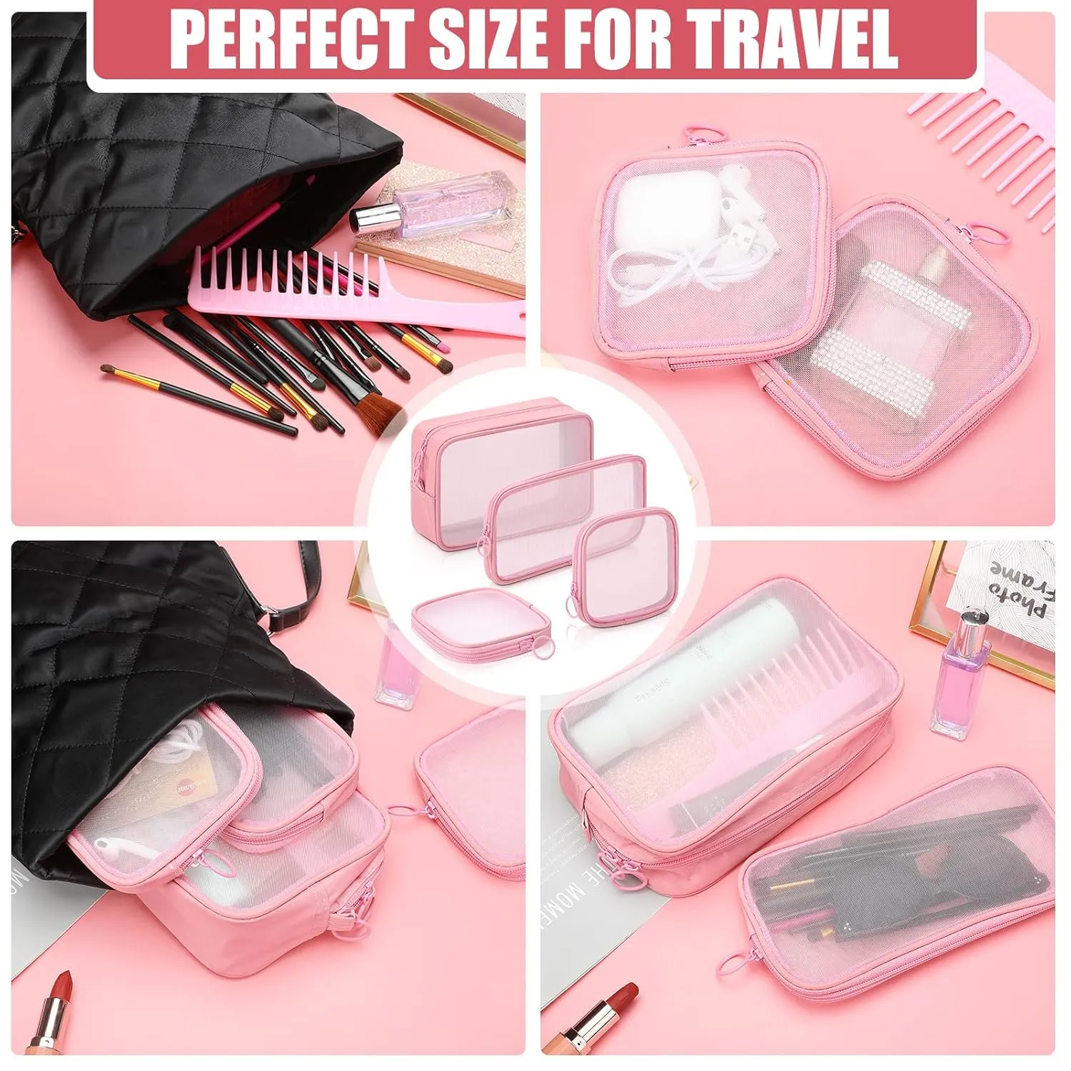 Weewooday 4 Pcs Mesh Makeup Bag Mesh Cosmetic Bag Travel Toiletry Pouch with Zipper Mini Makeup Cosmetic Purse for Daily Accessory(Small, Large, Medium,Pink)