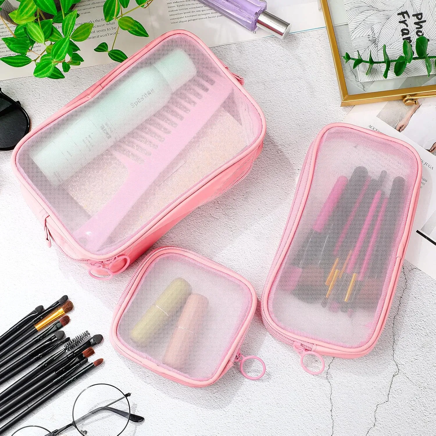 Weewooday 4 Pcs Mesh Makeup Bag Mesh Cosmetic Bag Travel Toiletry Pouch with Zipper Mini Makeup Cosmetic Purse for Daily Accessory(Small, Large, Medium,Pink)
