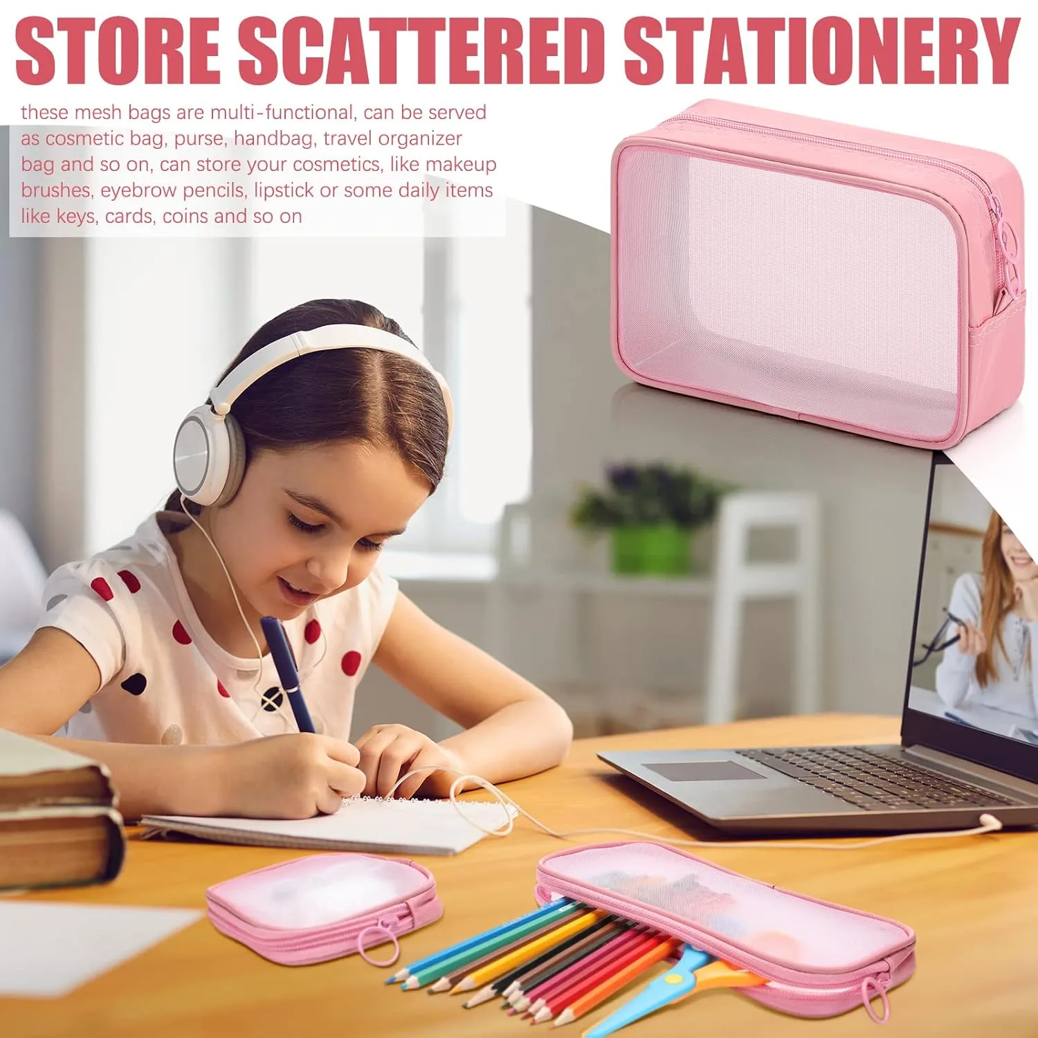 Weewooday 4 Pcs Mesh Makeup Bag Mesh Cosmetic Bag Travel Toiletry Pouch with Zipper Mini Makeup Cosmetic Purse for Daily Accessory(Small, Large, Medium,Pink)
