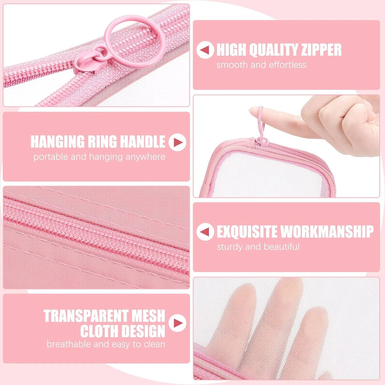 Weewooday 4 Pcs Mesh Makeup Bag Mesh Cosmetic Bag Travel Toiletry Pouch with Zipper Mini Makeup Cosmetic Purse for Daily Accessory(Small, Large, Medium,Pink)