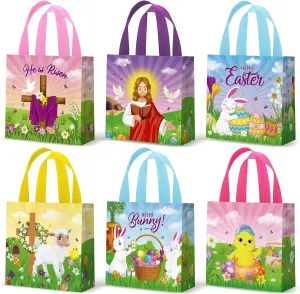Wesnoy 48 Pieces Easter Gift Bags Bulk Reusable Christian Easter Tote Bags with Handles Bunny Eggs Cross Bible Non Woven Holiday Goodie Basket for Egg Hunt Game Party Favors, 7.8 x 7.8 x 3.5 Inch