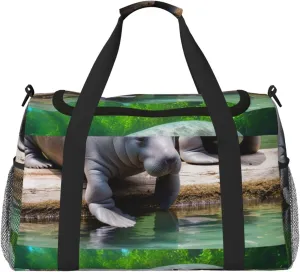 West Indian Manatees Print Travel Duffle Bag - Foldable Personal Item Travel Bag for Women & Men,Carry-On Convertible Crossbody Tote Bags with Adjustable Shoulder Strap & Pockets 13x10.2x19.7 in