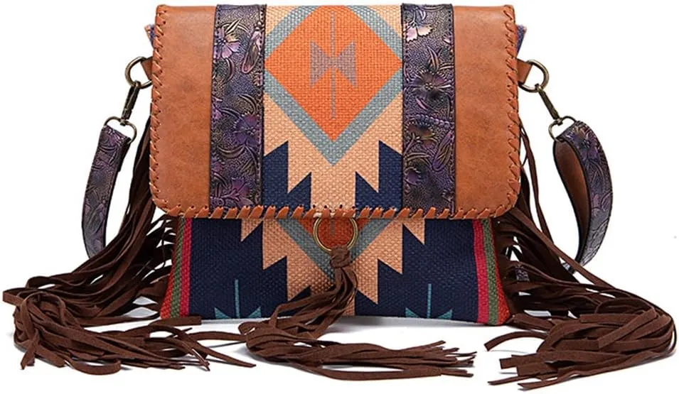 Western Bohemian Crossbody Tassel Purse Cowgirl Bags for Women, Colorful Brown