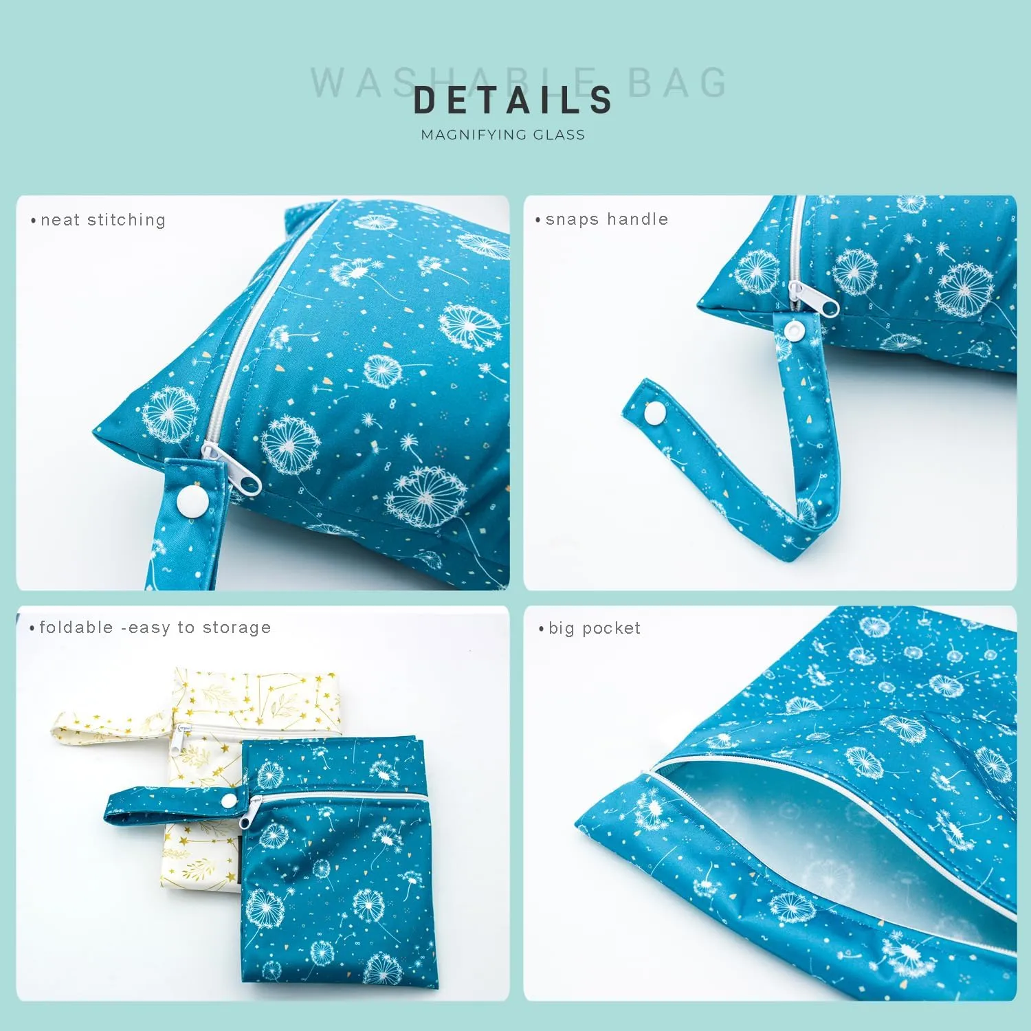 Wet Dry Bag Waterproof Reusable Wet Bag for Swimsuit, Travel, Beach, Pool, Bathing Suit, Diapers, Dirty Yoga Gym Clothes Daycare Organizer One Zippered Pocket (dandelion stars), YLN770