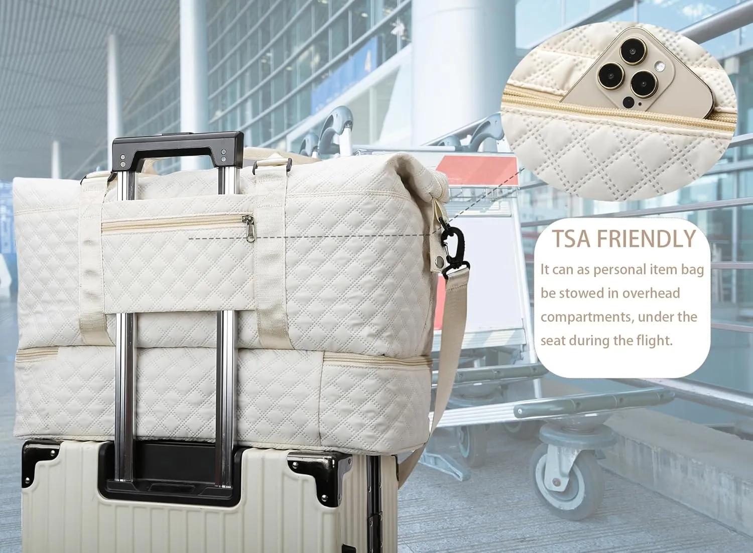 WFLB Travel Duffle Bag,Weekender Bags for Women with Shoe Compartment & Wet Pocket, Carry on Overnight Bag with Toiletry Bag, Gym Duffel Bag Hospital Bags for Labor and Delivery (Beige)