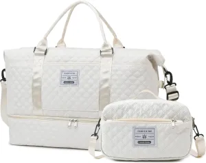 WFLB Travel Duffle Bag,Weekender Bags for Women with Shoe Compartment & Wet Pocket, Carry on Overnight Bag with Toiletry Bag, Gym Duffel Bag Hospital Bags for Labor and Delivery (Beige)