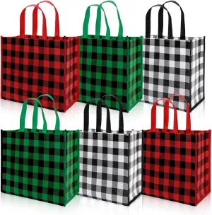Whaline Christmas Plaid Non-woven Large Tote Bags - Waterproof Goodie Bags, Red Green Reusable Gift Bags for Xmas Party Treats, Grocery Shopping, Holiday Favors - 12pcs