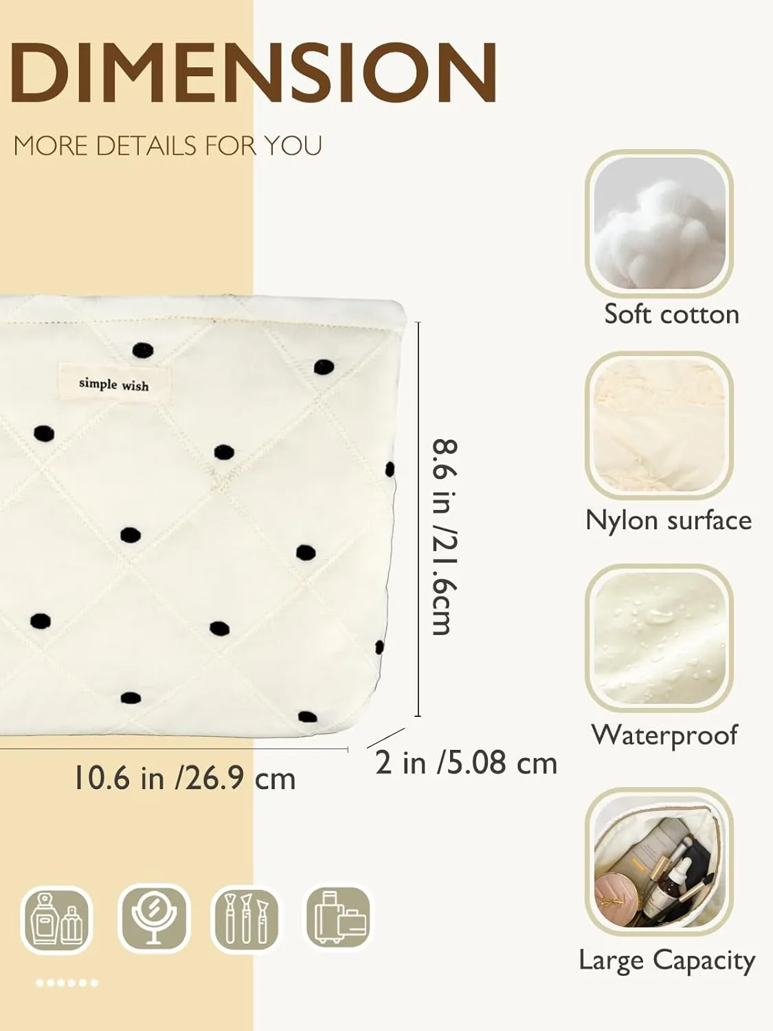 White Makeup Bag Small Nylon Cotton Quilted Cosmetic Makeup Bag Organizer, Aesthetic Floral Waterproof Portable Pouch Purse Toiletry Bag for Women Girls Travel accessories (Polka dots Square-L)
