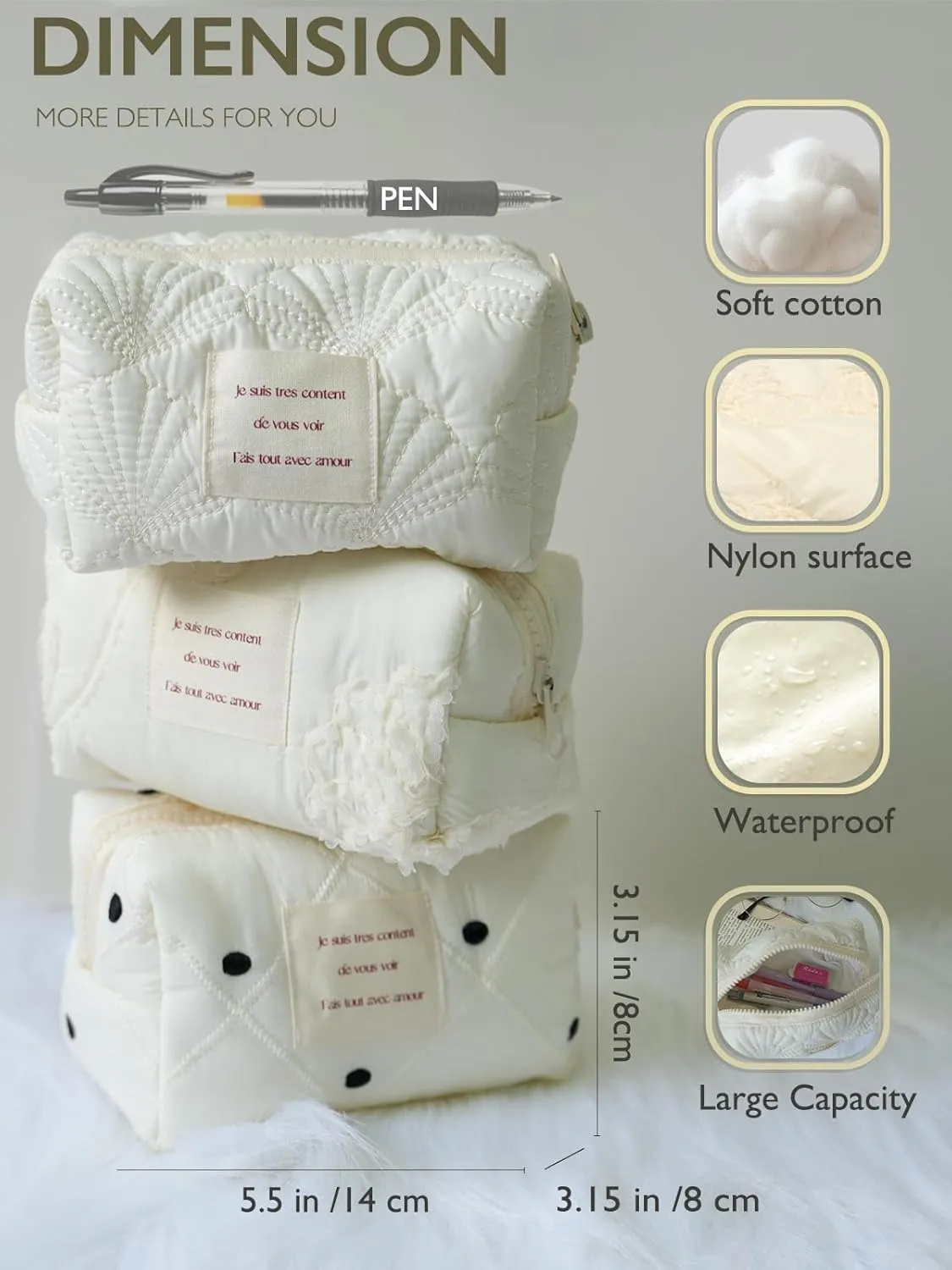 White Makeup Bag Small Nylon Cotton Quilted Cosmetic Makeup Bag Organizer, Aesthetic Floral Waterproof Portable Pouch Purse Toiletry Bag for Women Girls Travel accessories (Polka dots Square-S)