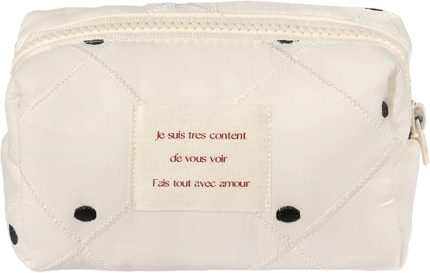 White Makeup Bag Small Nylon Cotton Quilted Cosmetic Makeup Bag Organizer, Aesthetic Floral Waterproof Portable Pouch Purse Toiletry Bag for Women Girls Travel accessories (Polka dots Square-S)