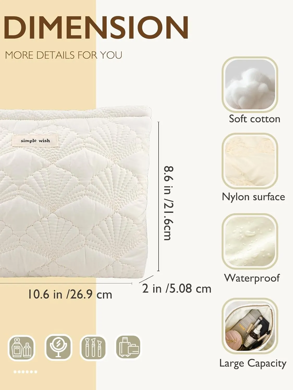 White Makeup Bag Small Nylon Cotton Quilted Cosmetic Makeup Bag Organizer, Aesthetic Floral Waterproof Portable Pouch Purse Toiletry Bag for Women Girls Travel accessories (White shell-L)