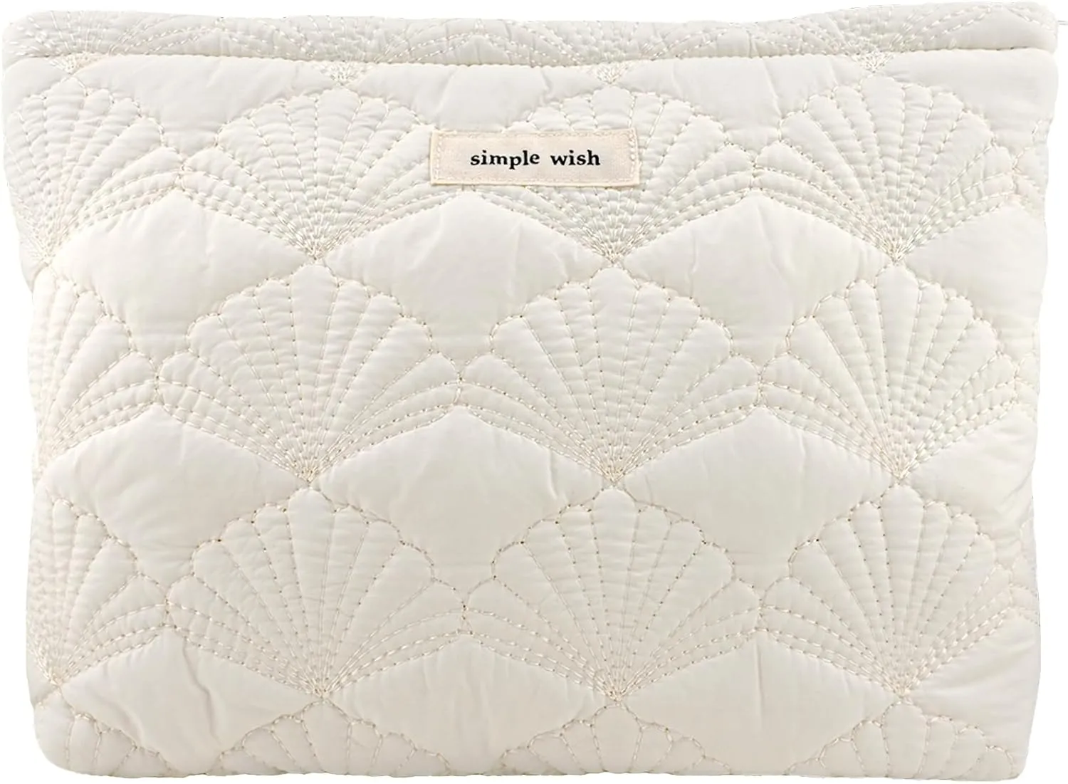White Makeup Bag Small Nylon Cotton Quilted Cosmetic Makeup Bag Organizer, Aesthetic Floral Waterproof Portable Pouch Purse Toiletry Bag for Women Girls Travel accessories (White shell-L)