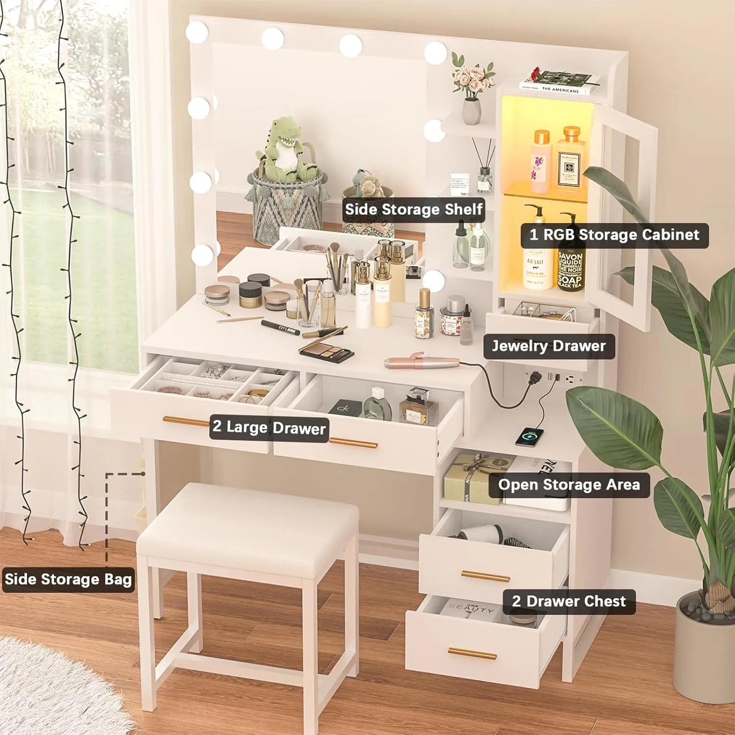 White Vanity Desk with Lighted Mirror and Chair, Makeup Vanity with Charging Station, 5 Drawers Vanity Table Set with LED Cabinet & Storage Bag, Makeup Dressing Table for Girls Women