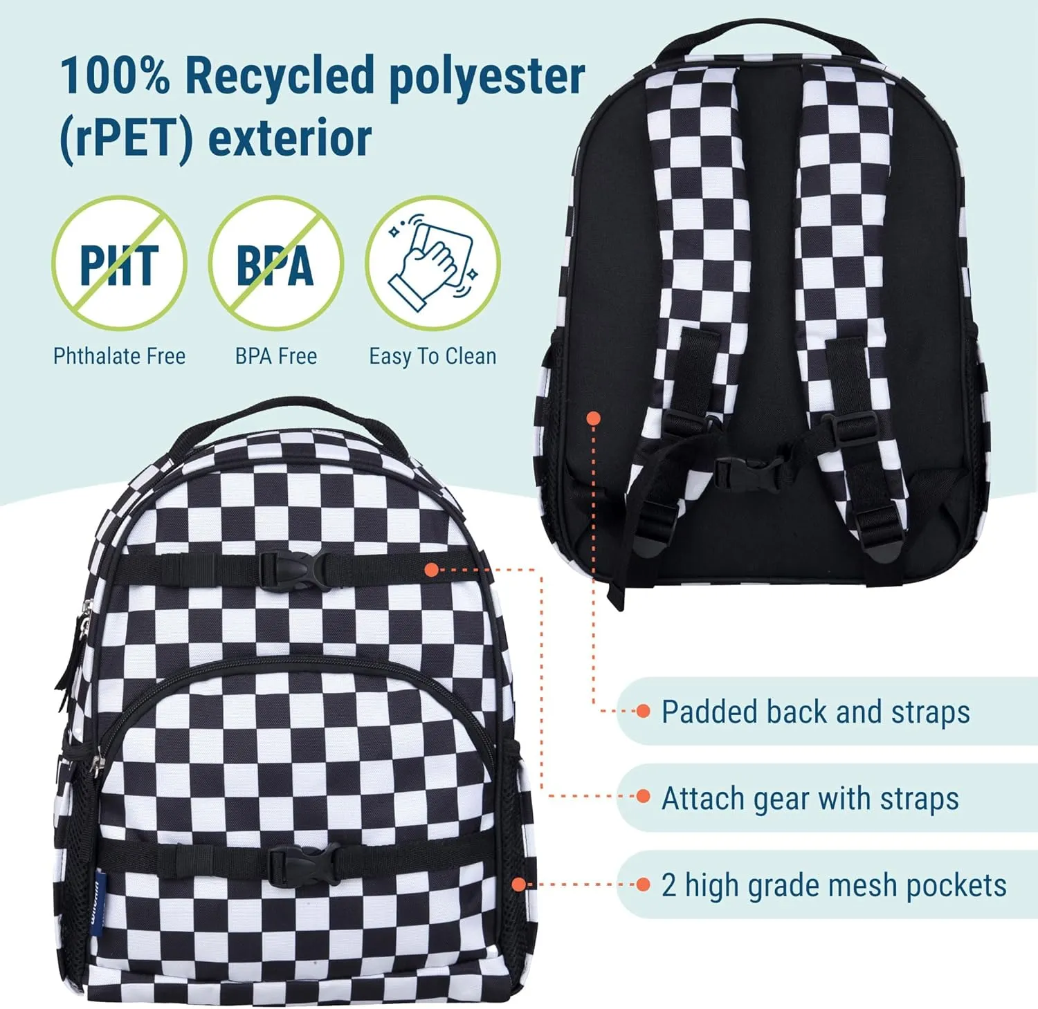 Wildkin ECO rPET 15-inch Kids Backpack – Sustainable, Padded, Adjustable – Black & White Checkered