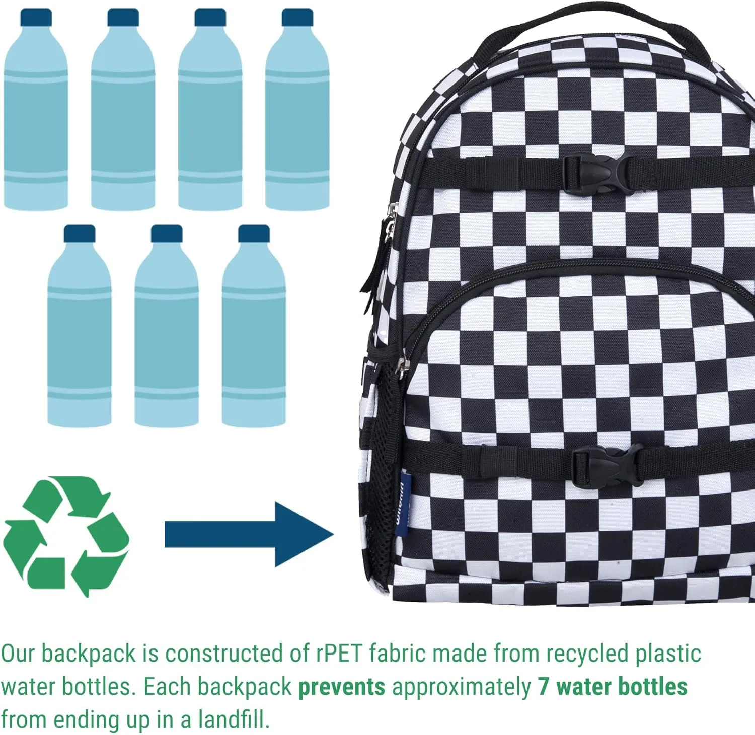Wildkin ECO rPET 15-inch Kids Backpack – Sustainable, Padded, Adjustable – Black & White Checkered